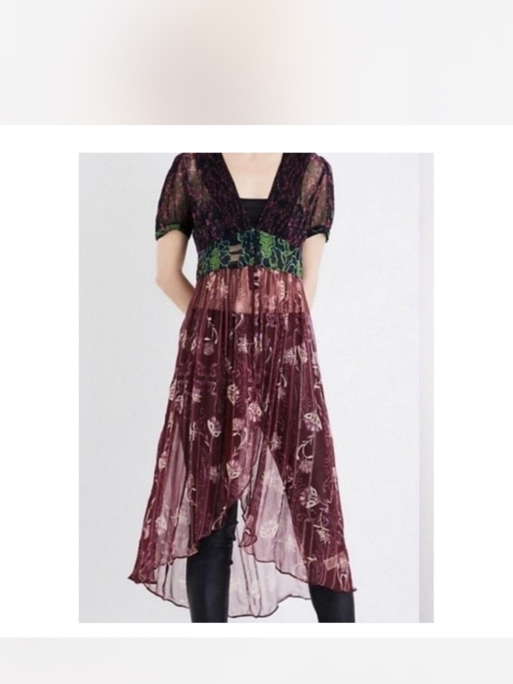 NWT Free People SMALL Burgundy Sheer Floral High-Low Dress with Green Waist - Picture 3 of 5